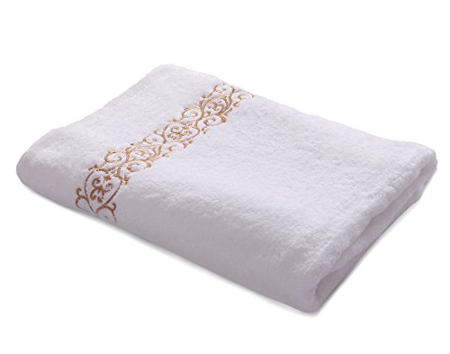 Large Luxury Cotton Bath Towels w/Embroidery Super Soft Comfortable Bathing Towel, 55x31 inch, 570g, White w/Gold Embroidery