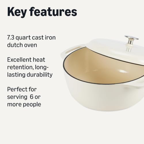 Image of Amazon Basics Enameled Cast Iron Dutch Oven Pot with Lid, Round, Dual Handles, Heavy-Duty, Oven Safe for Stews, Roasting, Baking, 7.3-Quart, White