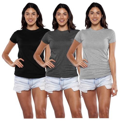 Consejos para Comprar Negro Jaspe , tabla con los diez mejores. 42 Alfani Playera Manga Corta para Mujer 3 Pack, Cuello Redondo, 100% Algodón - Negro Jaspe/Gris/Negro - XL
