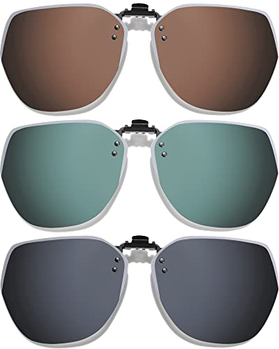 Frienda 3 Pairs Polarized Clip on Sunglasses Rimless Anti Glare Flip up Sunglasses for Women Man(Black Gray, Brown, Blackish Green)