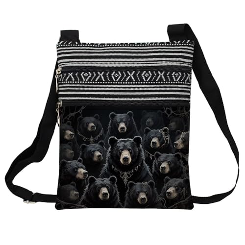 Black Bear Messenger Bag Small Ethnic Pattern Adjustable Strap Crossbody Zipper Pouch Gothic Black Bear Phone Organizer Wallet Cute Shoulder Handbag for Women Friends-2