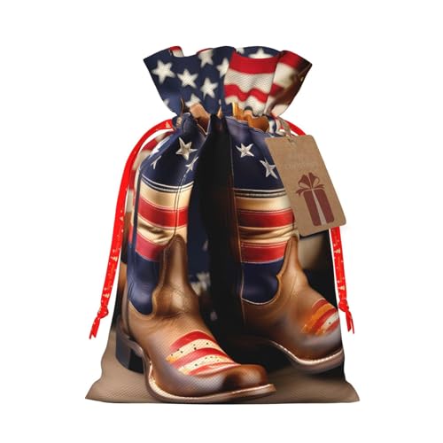 Longzehao Bolsas de regalo con cordón de Navidad con estampado de botas de vaquero con bandera estadounidense, bolsa de regalo para Navidad, vacaciones, fiesta de cumpleaños