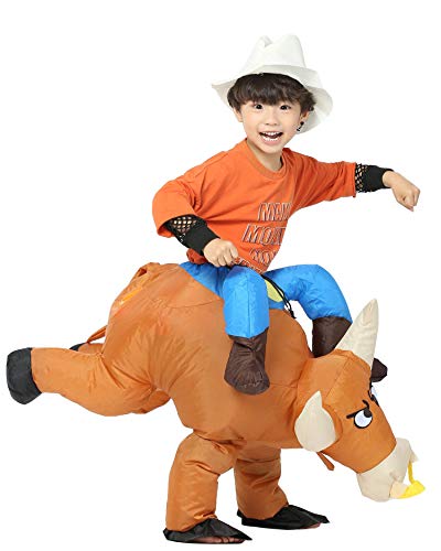 JYZCOS Inflatable Bull Rider Costume for Boys Girls Kids Blow Up Halloween Cowboy Ride on Fancy Dress Brown (Brown Color Kid Size)