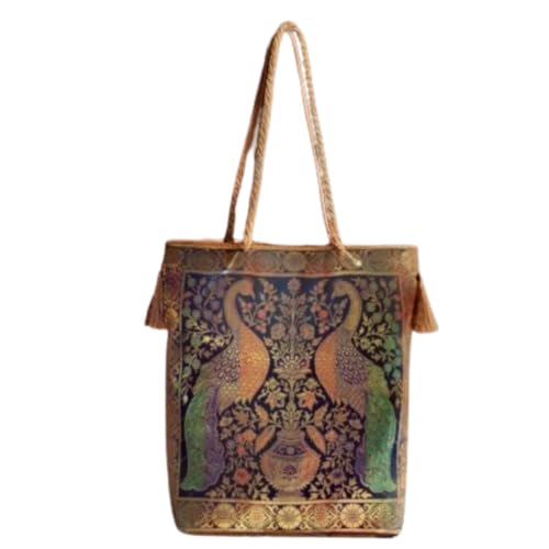 Image of Rhaa Double Peacock Banarasi Design Tote Bag, Indian Stylish, Medium Size for Women
