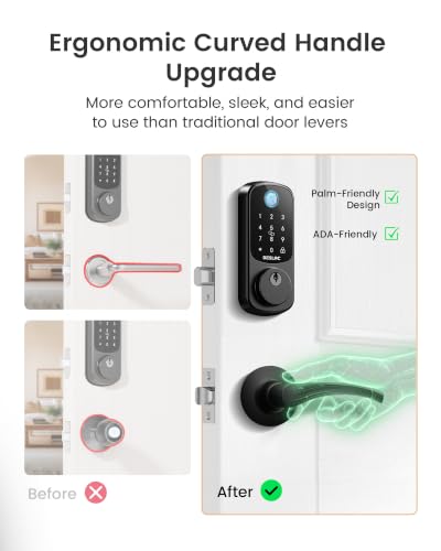 Image of DESLOC B200 Fingerprint Smart Lock with 2 Lever Handles, Keyless Entry Front Door Lock Set, Electronic Keypad Deadbolt, App Control, Auto Lock, Long Battery Life,Matte Black