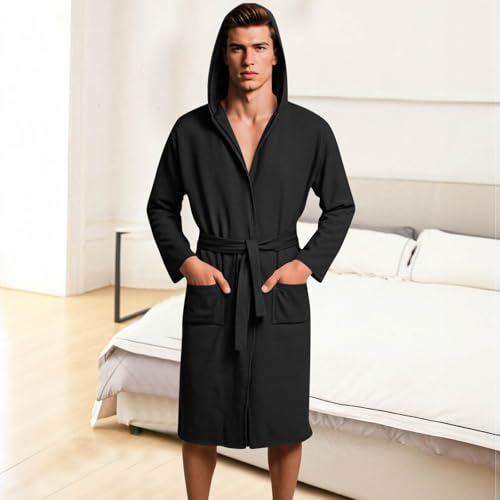 Mens Waffle Hooded Robe Lightweight Spa Bathrobe Knit Kimono Shower Robes V Neck Long Sleeve Sleepwear with Pockets2