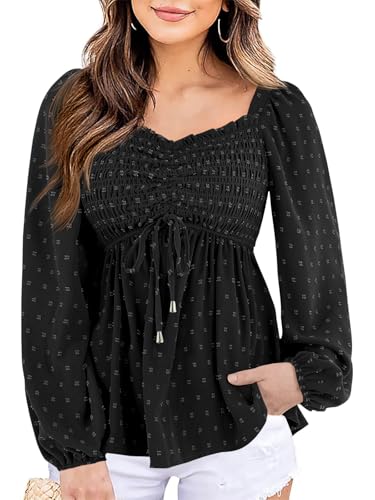 Imysty Women's V Neck Smocked Peplum Tops Balloon Long Sleeve Blouses Shirt Black