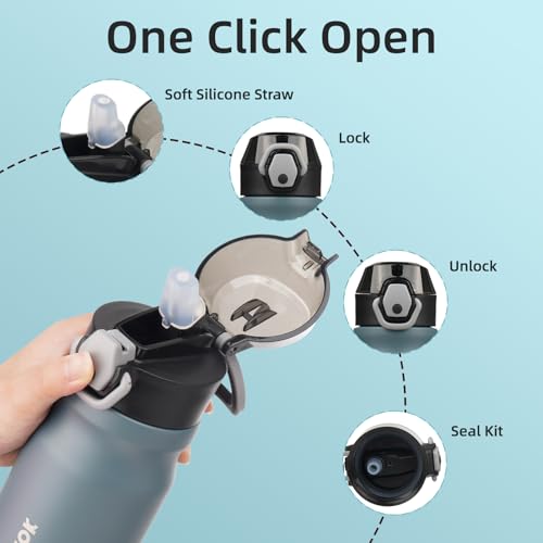 Image of BJPKPK 14 oz Insulated Water Bottle, Straw, Handle, Stainless Steel Flask | Leak Proof Locking Lid, Double Wall Vacuum, Keeps Hot /Cold, BPA Free, Dishwasher Safe, Travel & Sports, Dark Grey