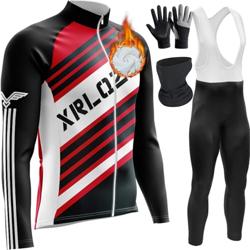 Vêtements Cyclisme Homme Hiver Tenue Cycliste en Polaire Thermique,Maillot De Velo VTT Manche Longue Jersey Et Pantalon à Bretelle (TYP-8,XL)