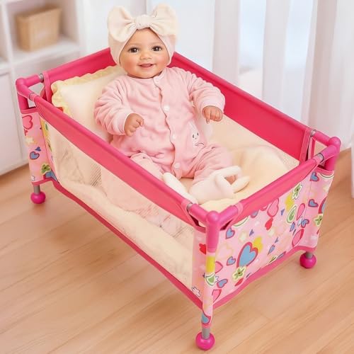 BABESIDE Baby Doll Crib for 18' Reborn Dolls,Baby Doll Bed with Storage Bag, Reborn Babydolls Accessories for Age 3+,Doll Crib Playpen for Kids,Pink