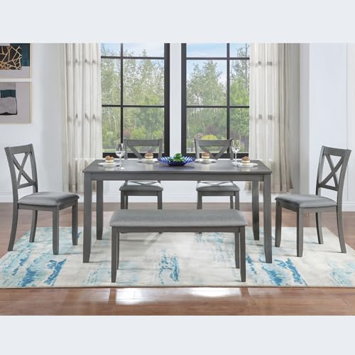 Image of Harper & Bright Designs 6-Piece Dining Table Set with 4 Upholstered Chairs & Bench, 58.5 inch Rectangular Solid Wood Frame Table, Dining Table Set for 6 People, Living Room, Home Bar and Kitchen,Grey