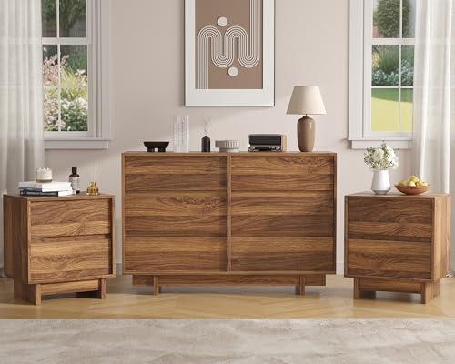 SINROM 3-Piece Bedroom Dresser Set, Walnut 6 Drawer Dresser and Nightstands Set of 2, Mid Century Modern Chest of Drawers and Night Stands, 3 Pcs Bedroom Furniture Set