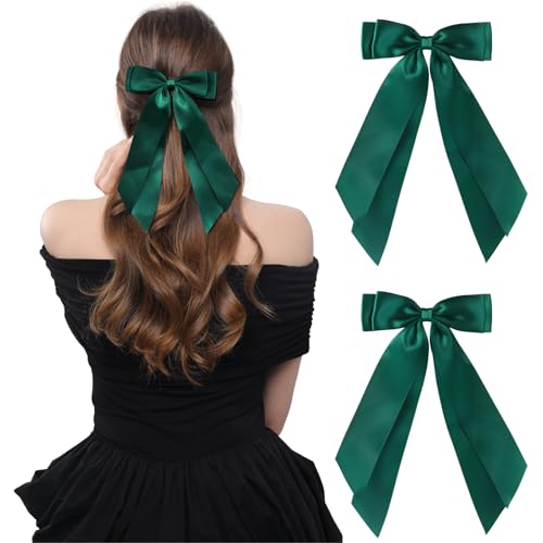 LuSeren 2 PCS Double Layer Hair Bows Green Hair Ribbon Clips Ponytail Holder Accessories for Women Girls Toddlers Teens Kids