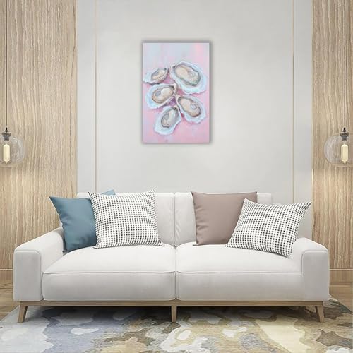 Image of Pastel Blue Oyster Shell Poster Abstract Beachy Shell Canvas Wall Art Trendy Colorful Coastal Shell Picture Prints Painting For Home Living Room Kitchen Restaurant Wall Decor 24x36in Framed