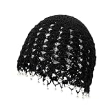 Julpsk Women's Lightweight Handmade Crochet Hat Boho Pearl Trim Beanie Cap for Beach Travel, Black, One Size