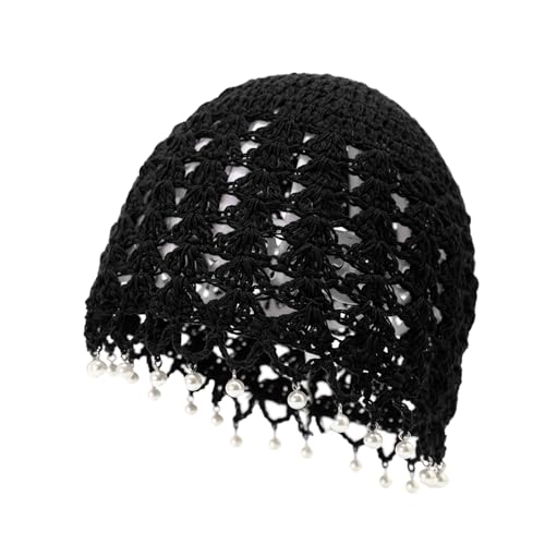 Image of Julpsk Women's Lightweight Handmade Crochet Hat Boho Pearl Trim Beanie Cap for Beach Travel, Black, One Size