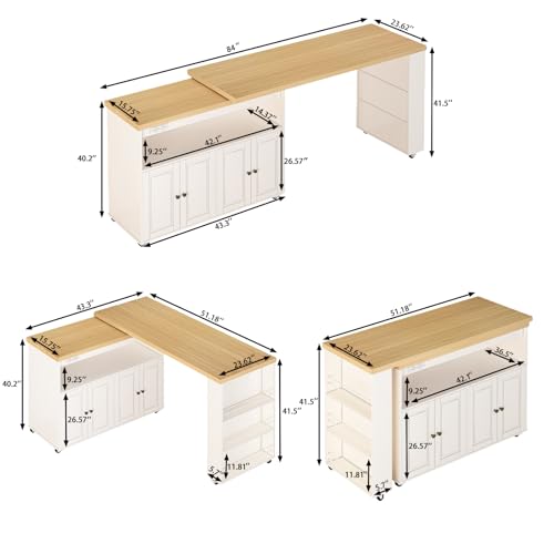 Image of 84'' Rolling Kitchen Island with Swivel Table, Kitchen Cart with LED Lights, Power Outlet, Movable Storage Cabinet with Side Tabletop on Wheels, for Kitchen, Living Room, Home Bar, White