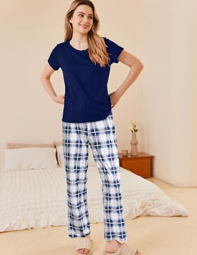 Image of Ekouaer Pajama Sets for Women Round Neck Pjs Short Sleeve Sleepwear with Long Pants Loose Lounge Sets