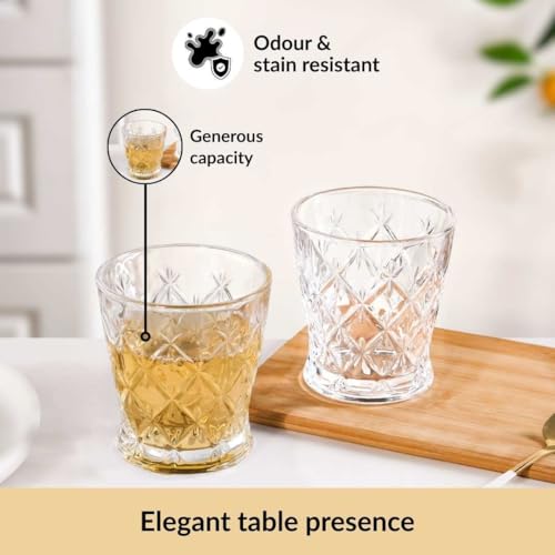 Image of Nestasia Transparent Set of 6 Small Juice Glasses (245 ml Each) - 100% Food Safe & Chip Resistant Diamond Cut Tapering Tumblers - Ideal for Water, Tea, Coffee & Refreshments