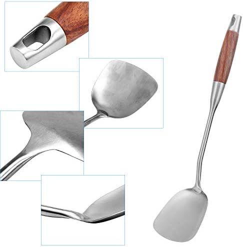 TsunNee 2 Pieces Stainless Steel Kitchen Utensil Set, 304 Stainless Steel Wok Spatula and Soup Ladle Set with Long Heat Resistant Wood Handle