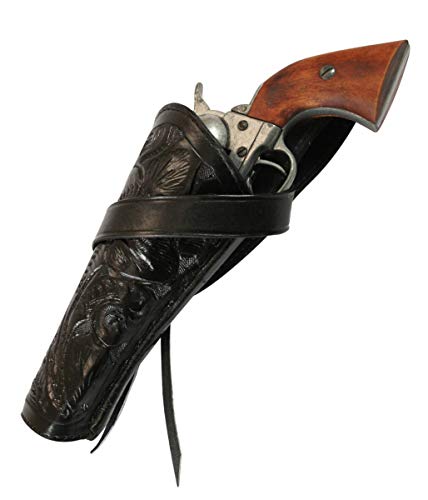 Historical Emporium Standard Left Hand Western Cross Draw Holster Tooled Leather, Wild West Single Action Revolver Gun Holster Black