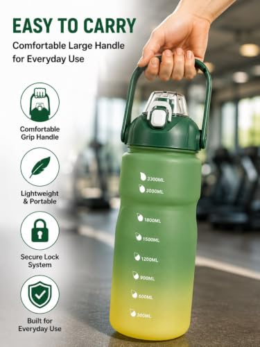 Image of Motivational Water Bottle with Straw & Handle, Time Marker Sports Sipper Bottle with Flip Top Lid, Gradient Water Bottle for Gym, Fitness, Workout, Travel, Office & Daily Hydration (Green, 3.3 Liter)