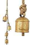 Christmas Vintage Cow Bells Cluster – 4 Gold Hanging Bells on Jute Rope, Rustic Decorative Bells for Wall, Door, Bedroom, Living Room, Mantel, Outdoors, Harmony Handmade Tin/Iron Bells (Gold)