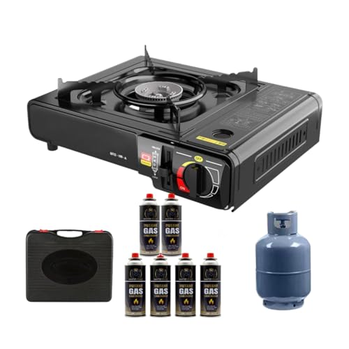 Portable Gas Stove with Carry Case +6 canister – Dual Fuel Compatible (Butane & LPG) | Camping Stove for Outdoor Cooking, BBQ, Caravan, Hiking, Emergency Use Auto Ignition, Adjustable Flame Control