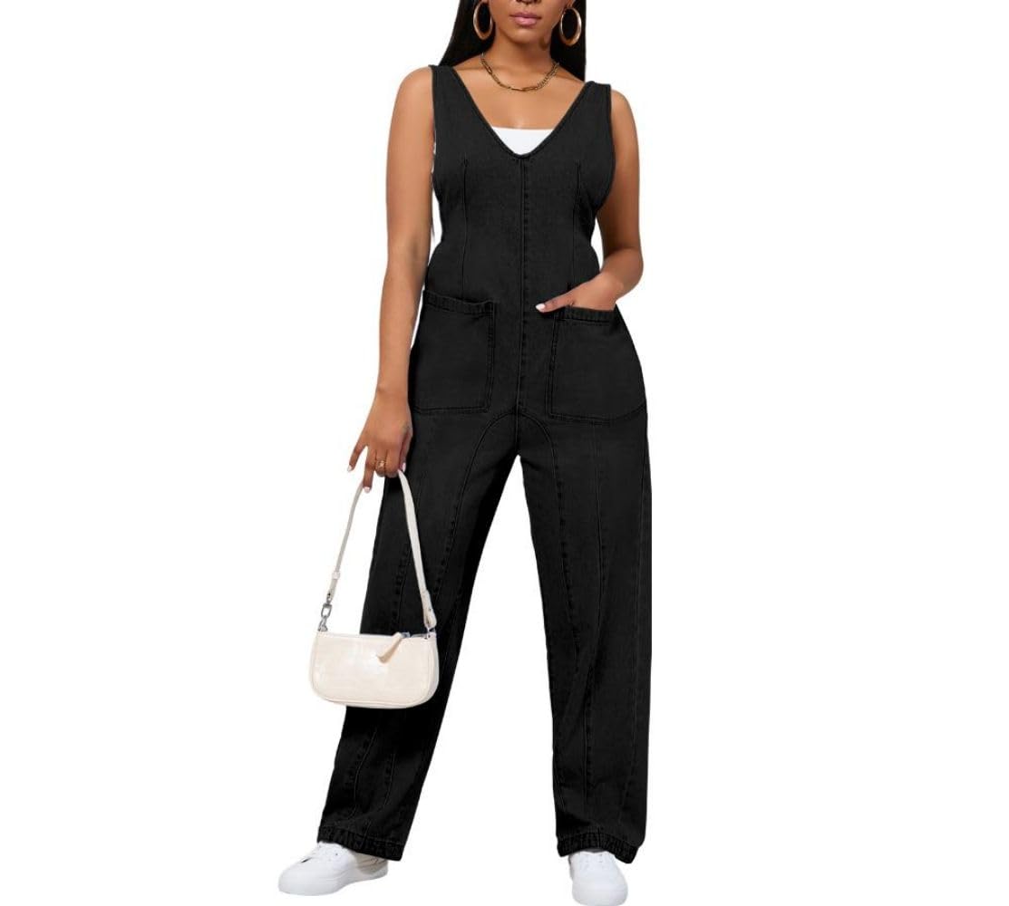 HBQ Women's Casual Denim Bib Jumpsuit Rompers Sleeveless V Neck Loose Baggy Jeans Pants Overalls With Pocket