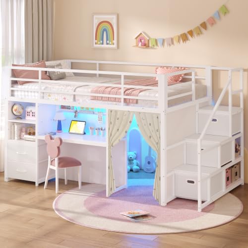 ADORNEVE Low Loft Bed Twin Size with Stairs & Privacy Curtain (White, Twin)