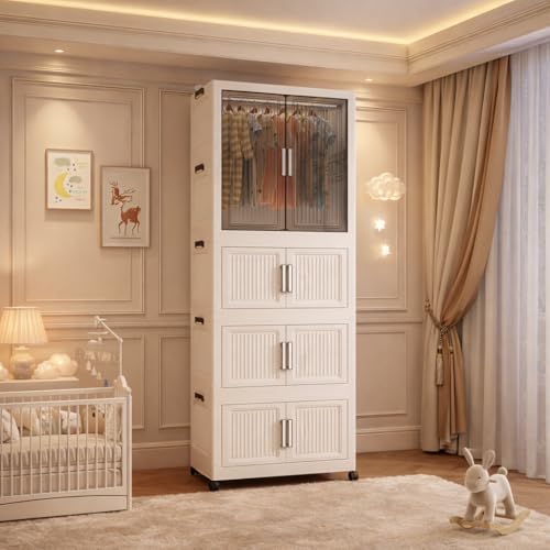 Image of Mevigo 4-Door Plastic Wardrobe for Kids| Almirah and Wardrobe for Baby Clothes| Modular Storage Cabinet with Wheel Organizer for Cupboard Rack for Clothes /Shoes /Books /Toy -Shine White-A-751