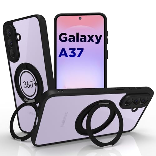 Image of RIGGEAR Shockproof Sleek Hybrid Armor 360 Rotating Magnetic Ring Stand Back Cover Case Compatible with MagSafe Accessories for Samsung Galaxy A37 5G (Clear PC + Black TPU Bumper)