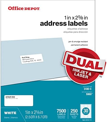 Amazon.com: Office Depot - Etiquetas de dirección láser para inyección de  tinta, 1.0 in x 2 5/8 pulgadas, caja de 7,500, 505-O004-0005 : Productos de  Oficina