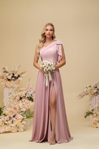 One Shoulder Bridesmaid Dress with Bow 2025 Satin A-Line Pleated Corset High Split Wedding Guest Dress2