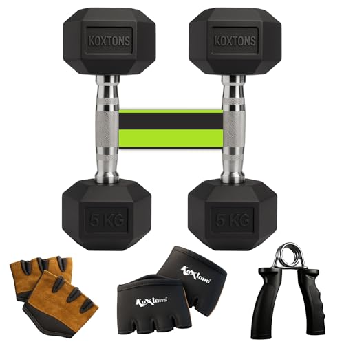 Koxtons Dumbbell Set 5kg (Premium) | Dumbbell with gym gloves and hand gripper, 10kg (5kg x 2pcs) | Rubber Coated Hex Dumbells for Home Gym | Gym Equipment for Home Workout