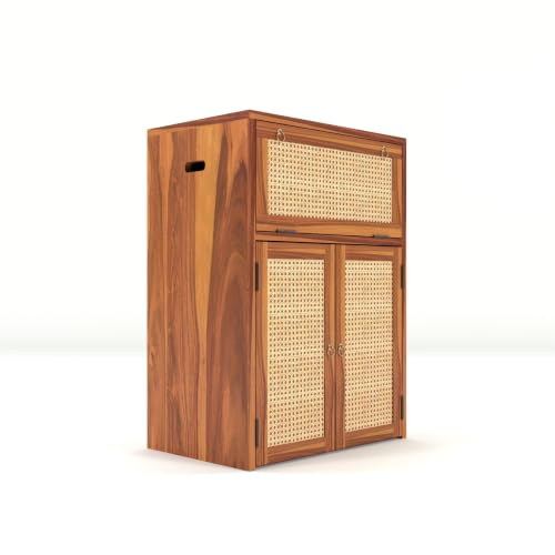 Image of PS DECOR Solid Sheesham Wood Battery Cabinet with Cane Doors | Wooden Inverter Battery Storage Cabinet | Handcrafted UPS Battery Stand with Rattan Panels