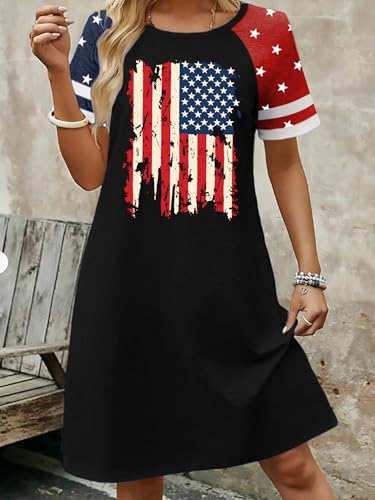 Image of YI XIANG RAN 4th of July Dress Women: American Flag Dresses USA Stars Stripes Shirt Patriotic Tshirt Summer Sundress