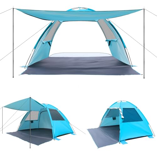 Image of DLUCKY Beach Tent for 1/2/3/4/5/6 Person,Anti-UV Portable Sun Shade ShelterUPF 50+,Both Sides Extendable Floor,Extendable Awning,with 2 Ventilating Mesh Windows,Lightweight & Easy Setup.