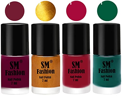 Image of Nail Polish Combo Set (Pack of 4) Quick Dry Gel Finish Nail Paint | Mulberry,Golden,Raspberry,Green | 7 ml Each