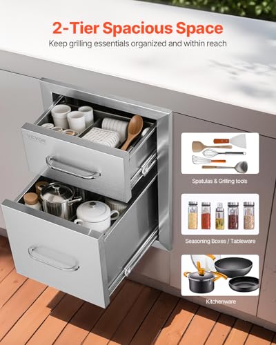 Image of VEVOR Outdoor Kitchen Drawers 13 inch W x 20.5 inch H x 21 inch D, Flush Mount Double BBQ Access Drawers with Stainless Steel Handle, BBQ Island for Outdoor Kitchens or Patio Grill Station