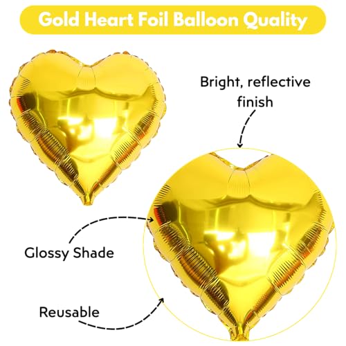 Image of Pack of 5 Heart Balloons for Happy Birthday Decoration Gold Kit Baby Boys Girls Kids Men Women Car Boot Living Room Heart Shaped Foil Balloon Set Items Golden
