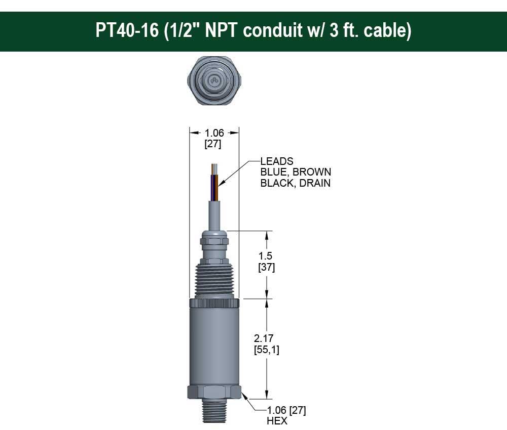 High Accuracy Fixed Range Pressure Transmitter, 0 to 2000 psi Gauge, ±0.125% of Span, Non-linearity BFSL, 0 Vdc to 10 Vdc, 3-Wire, 7/16-20 Male SAE J514 FIG 34B, 1/2 NPT Conduit with 3 ft Cable