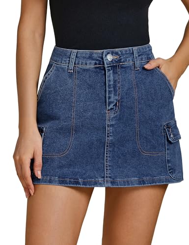 luvamia Jean Skirts for Women Denim Trendy High Waisted Mini Cargo Pockets Stretchy Short Skirt Country Concert Outfits