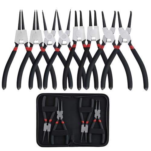 SINJEUN 8 Stück Sprengringzangen Set, Sprengringzange Gerade und Gebogen, Sicherungsringzange Set mit Komfortabler Griff, Schwarz