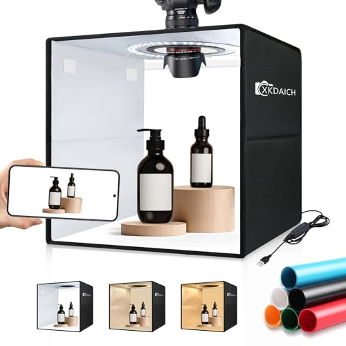 XKDAICH 12x12 Inch Portable Folding Photo Studio Box with Dimmable Ring Light, 3 Color Temperatures...