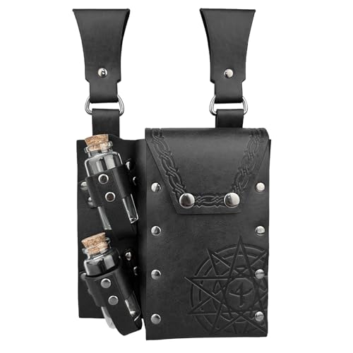 HiiFeuer Mittelalterliche Alchemie Kunstleder Gürteltasche mit 2 Kork Zaubertrank Fläschchen Fantasy Wizard Hüfttasche Side Pack für Halloween (Schwarz B)
