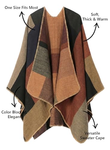 Image of Bestshe Women's Boho Open Front Poncho Plaid Shawl Wrap Cape