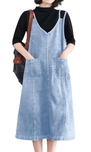 Image of ebossy Women's Sleeveless V Neck Denim Overall Jumper Dress Casual Loose Double Spaghetti Straps Midi Jean Dress
