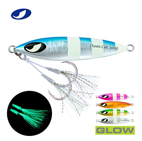OCEAN CAT 1 PC Slow Fall Pitch Fishing Lures Sinking Lead Metal Flat Jigs Jigging Baits with Hook for Saltwater Fishing 100G/150G/200G/250G (60g, Blue&Silver) OCEAN CAT 1 PC Slow Fall Pitch Fishing Lures Sinking Lead Metal Flat Jigs Jigging Baits with Hook for Saltwater Fishing 100G/150G/200G/250G (60g, Blue&Silver)
