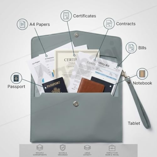 Image of PU Leather Document Folder with Magnetic Closure & Wrist Strap, Waterproof File Organizer Envelope for Certificates, Resume, Contracts, Office, Business, School & Travel(A4,Green,1PIECES)
